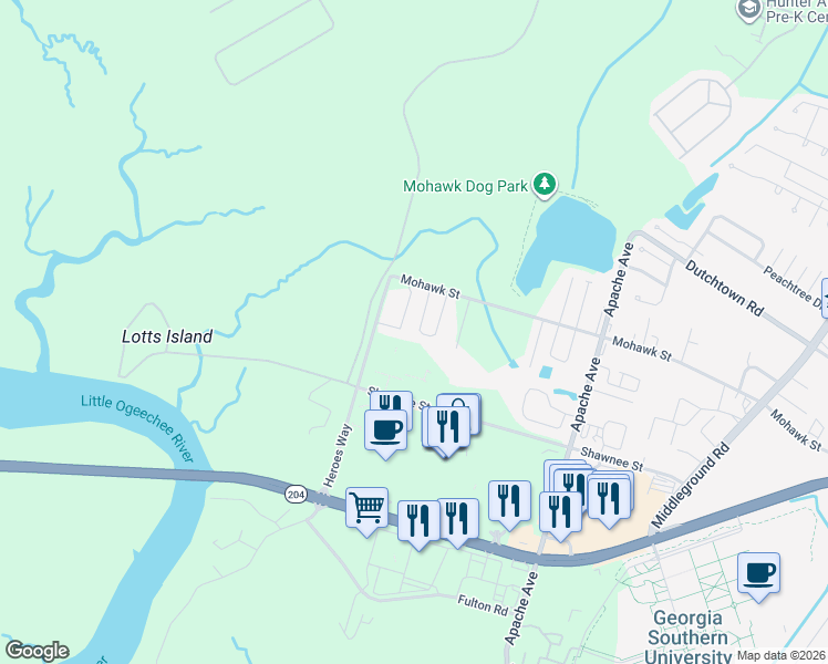 map of restaurants, bars, coffee shops, grocery stores, and more near 27 Kingslan Court in Savannah