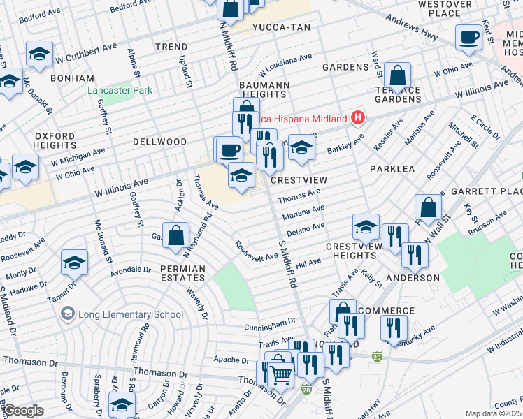 map of restaurants, bars, coffee shops, grocery stores, and more near 3300 Thomas Avenue in Midland