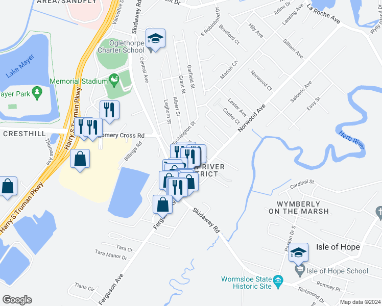 map of restaurants, bars, coffee shops, grocery stores, and more near 108 Wisteria Court in Savannah
