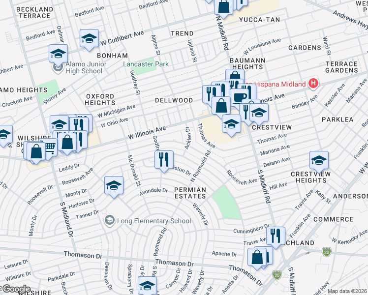 map of restaurants, bars, coffee shops, grocery stores, and more near 3807 Roosevelt Drive in Midland