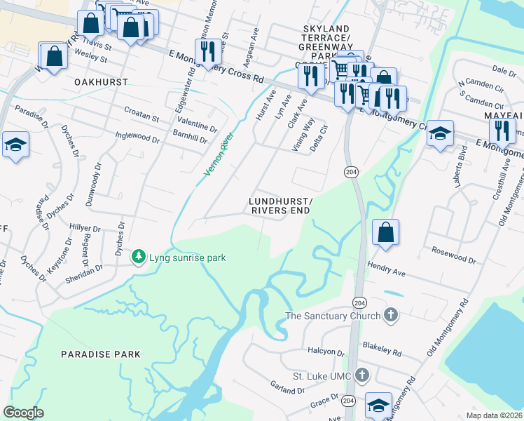 map of restaurants, bars, coffee shops, grocery stores, and more near 605 Hayners Avenue in Savannah