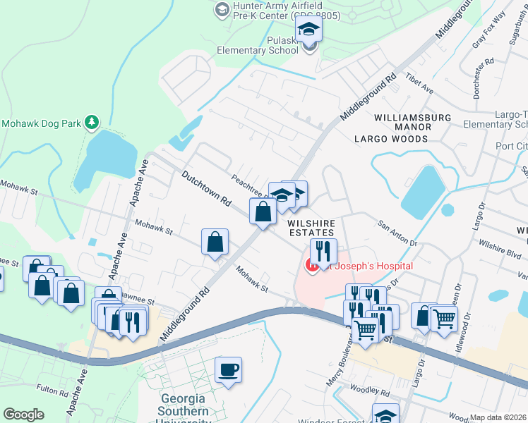 map of restaurants, bars, coffee shops, grocery stores, and more near 1 Peachtree Drive in Savannah