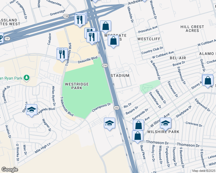 map of restaurants, bars, coffee shops, grocery stores, and more near Loop 250 Frontage Road in Midland