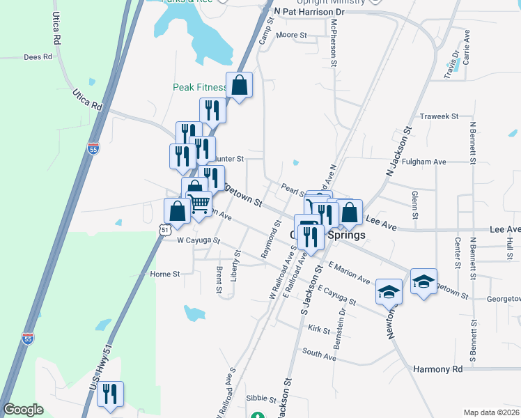 map of restaurants, bars, coffee shops, grocery stores, and more near 309 West Georgetown Street in Crystal Springs