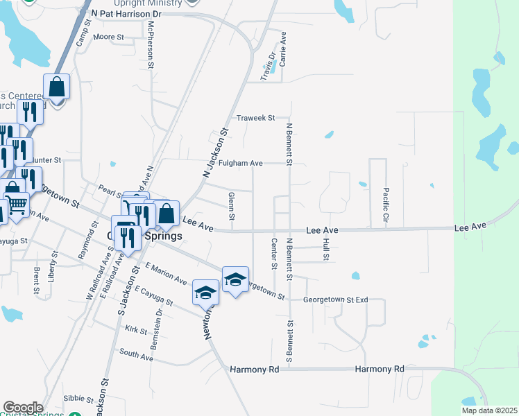 map of restaurants, bars, coffee shops, grocery stores, and more near 303 Center Street in Crystal Springs