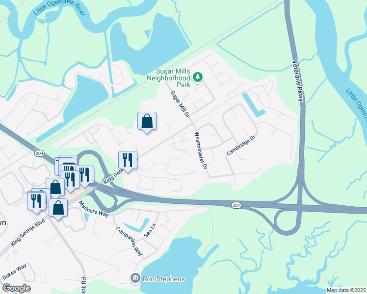 map of restaurants, bars, coffee shops, grocery stores, and more near 777 King George Boulevard in Savannah