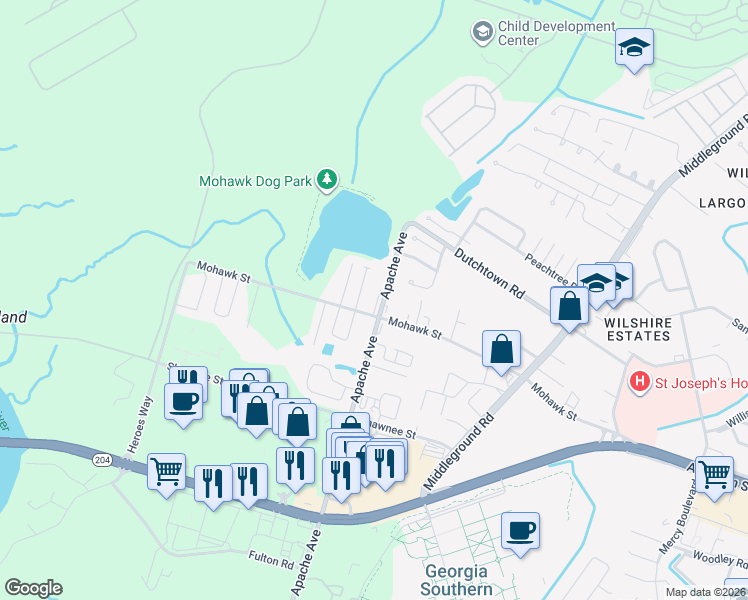 map of restaurants, bars, coffee shops, grocery stores, and more near 11831 Apache Avenue in Savannah