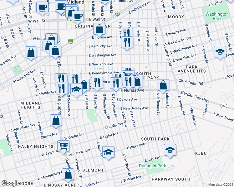 map of restaurants, bars, coffee shops, grocery stores, and more near 900 South Fort Worth Street in Midland