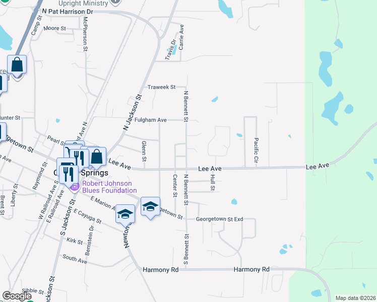 map of restaurants, bars, coffee shops, grocery stores, and more near 604 North Bennett Street in Crystal Springs