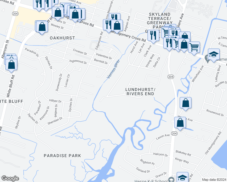 map of restaurants, bars, coffee shops, grocery stores, and more near 8726 Hurst Avenue in Savannah