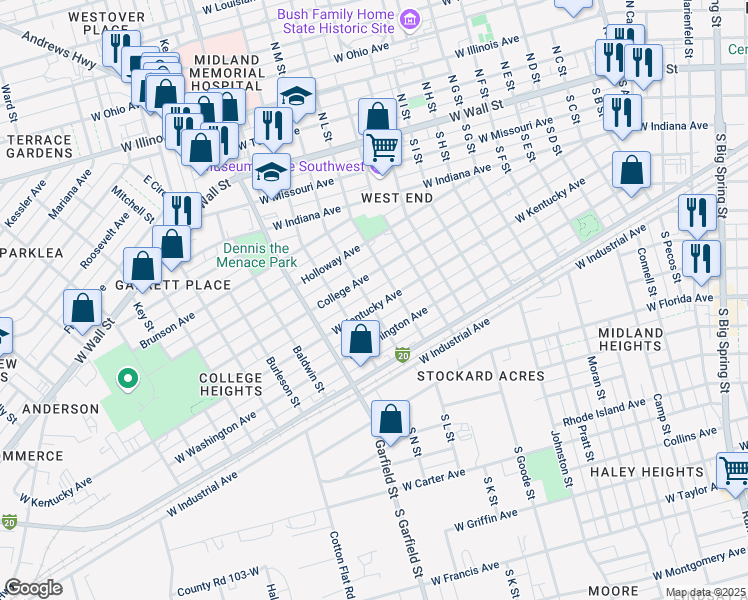 map of restaurants, bars, coffee shops, grocery stores, and more near 1910 West Kentucky Avenue in Midland