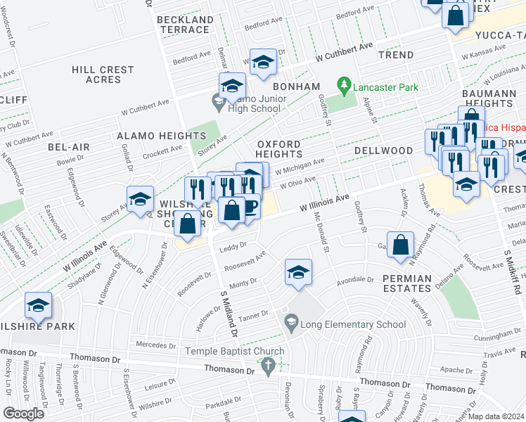 map of restaurants, bars, coffee shops, grocery stores, and more near 4216 West Illinois Avenue in Midland