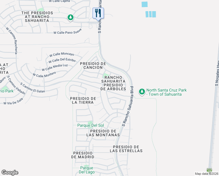 map of restaurants, bars, coffee shops, grocery stores, and more near 298 East Camino Limon Verde in Sahuarita