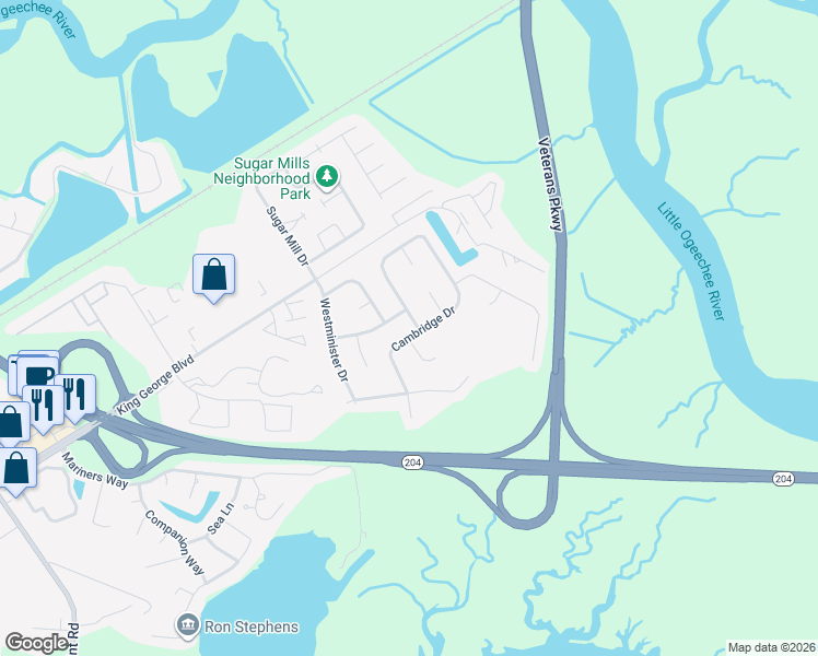 map of restaurants, bars, coffee shops, grocery stores, and more near 123 Cambridge Drive in Savannah