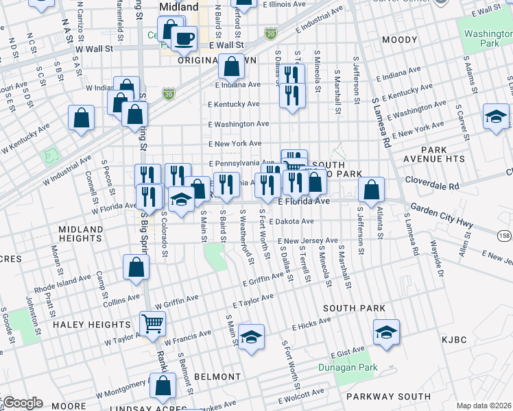 map of restaurants, bars, coffee shops, grocery stores, and more near 900 South Fort Worth Street in Midland