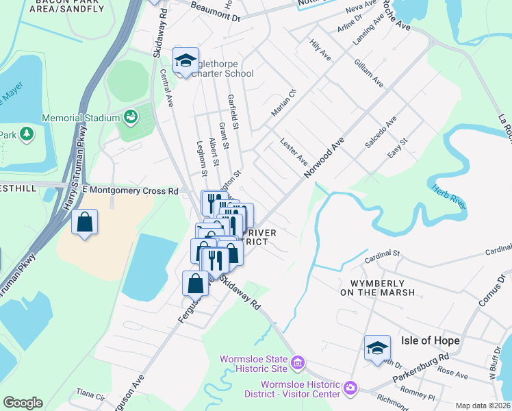 map of restaurants, bars, coffee shops, grocery stores, and more near 7 Doe Tail Court in Savannah