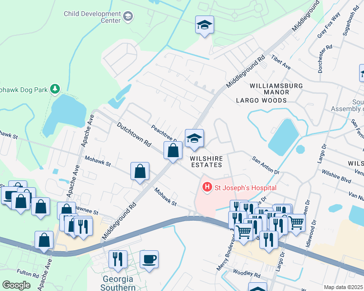 map of restaurants, bars, coffee shops, grocery stores, and more near 2 Peachtree Drive in Savannah