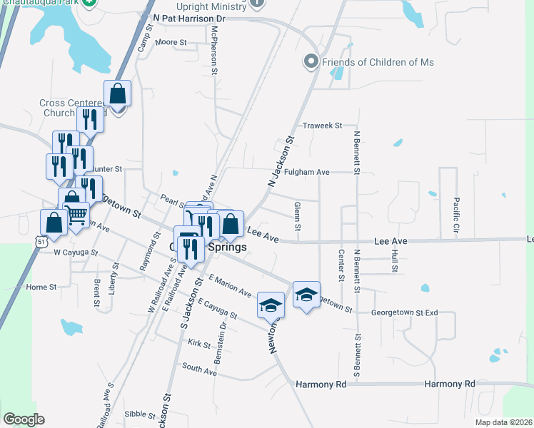 map of restaurants, bars, coffee shops, grocery stores, and more near 220 North Jackson Street in Crystal Springs