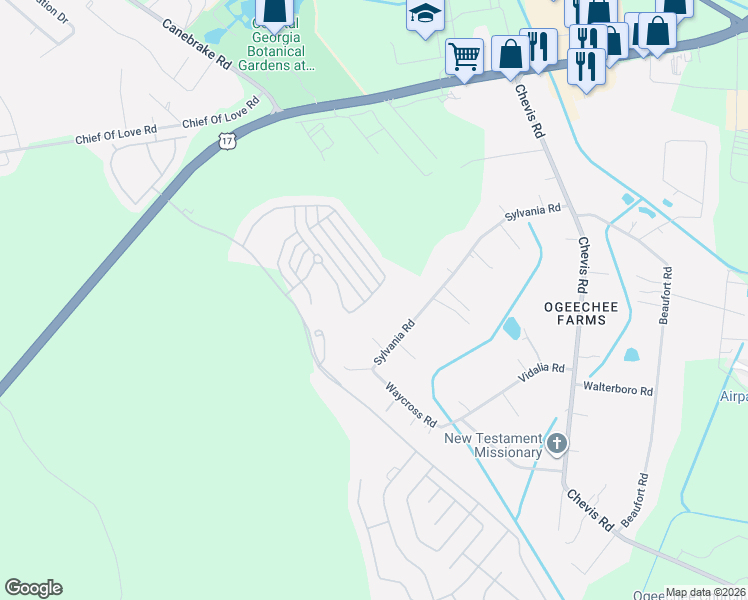 map of restaurants, bars, coffee shops, grocery stores, and more near 148 Ristona Drive in Savannah
