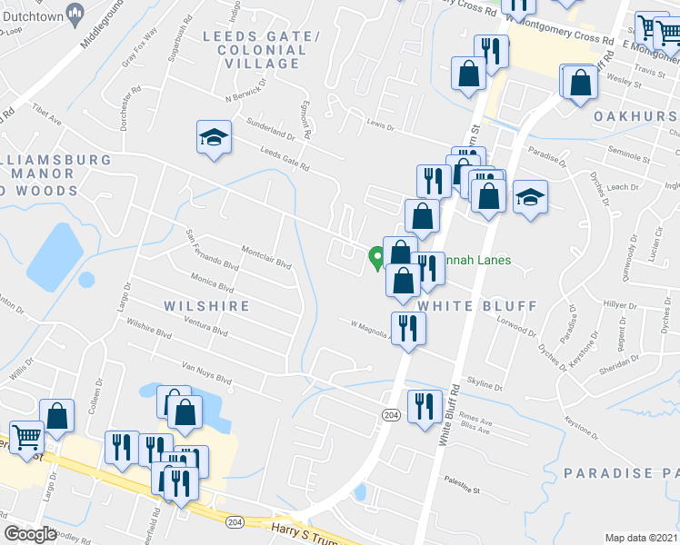 map of restaurants, bars, coffee shops, grocery stores, and more near 109 Carriage Apartment in Savannah