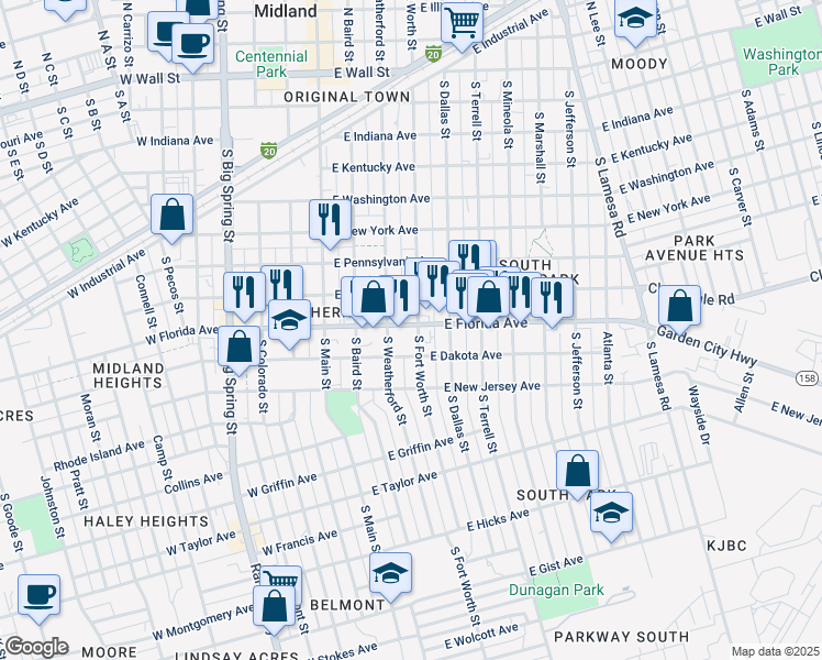 map of restaurants, bars, coffee shops, grocery stores, and more near 900 South Fort Worth Street in Midland