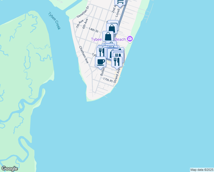 map of restaurants, bars, coffee shops, grocery stores, and more near 7 18th Street in Tybee Island