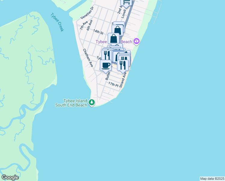 map of restaurants, bars, coffee shops, grocery stores, and more near 7 18th Street in Tybee Island