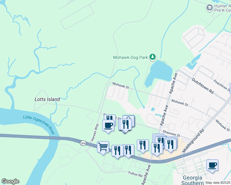 map of restaurants, bars, coffee shops, grocery stores, and more near 27 Kingslan Court in Savannah