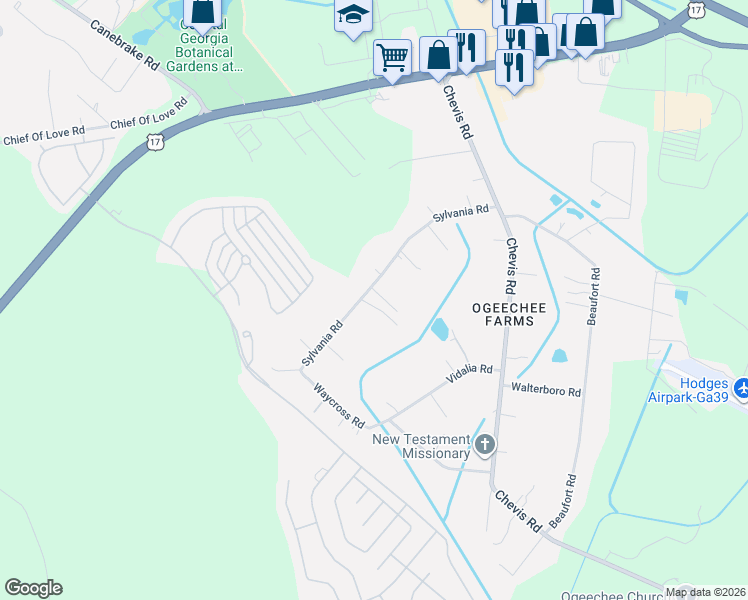 map of restaurants, bars, coffee shops, grocery stores, and more near 281 Sylvania Road in Savannah