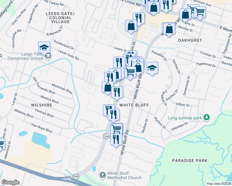map of restaurants, bars, coffee shops, grocery stores, and more near 104 Tibet Ave in Savannah