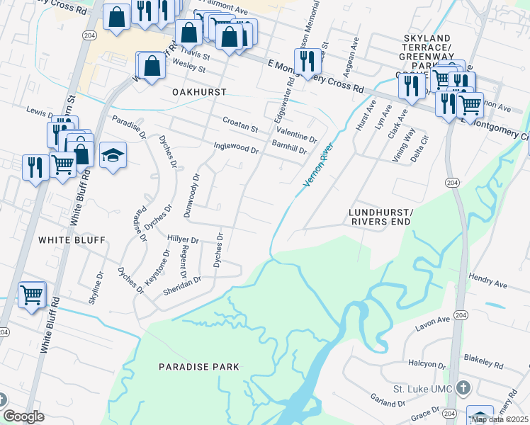 map of restaurants, bars, coffee shops, grocery stores, and more near 420 Edgewater Road in Savannah