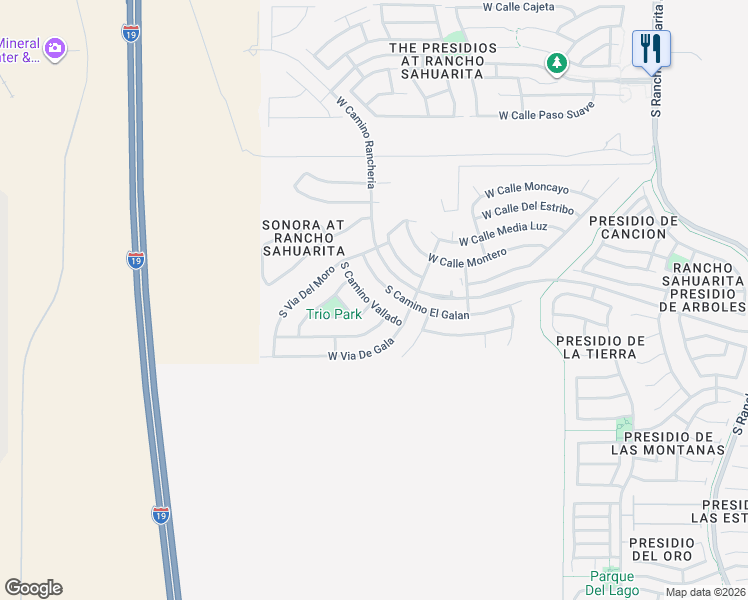 map of restaurants, bars, coffee shops, grocery stores, and more near 14361 South Camino Vallado in Sahuarita