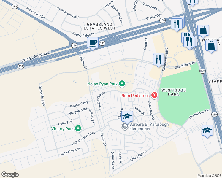 map of restaurants, bars, coffee shops, grocery stores, and more near Candlestick Drive in Midland