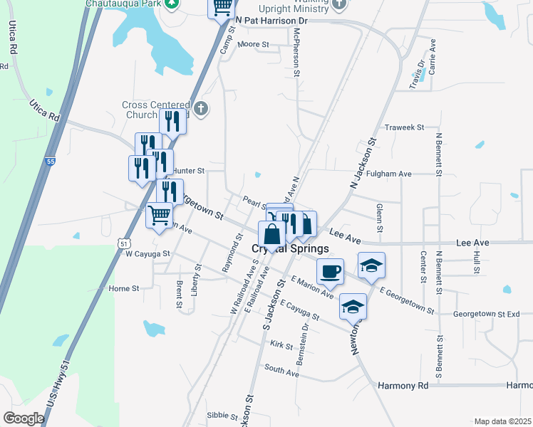map of restaurants, bars, coffee shops, grocery stores, and more near 103 Pearl Street in Crystal Springs