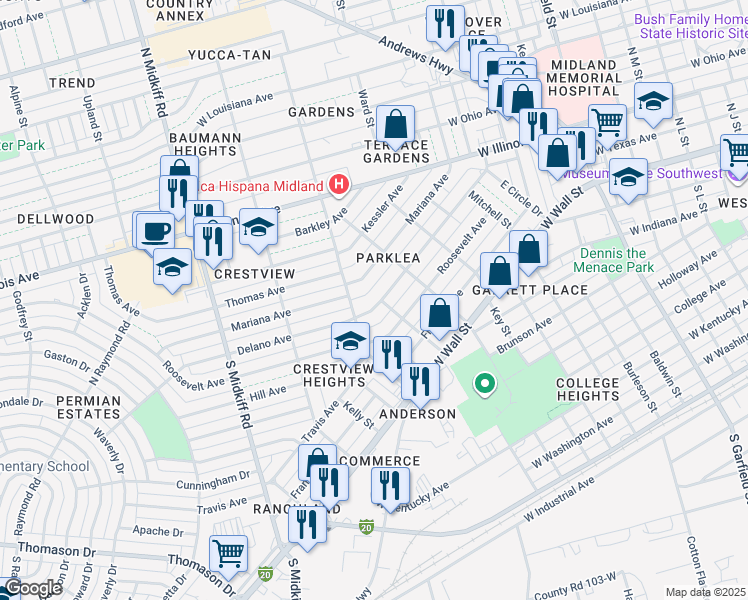 map of restaurants, bars, coffee shops, grocery stores, and more near 2900 Delano Avenue in Midland