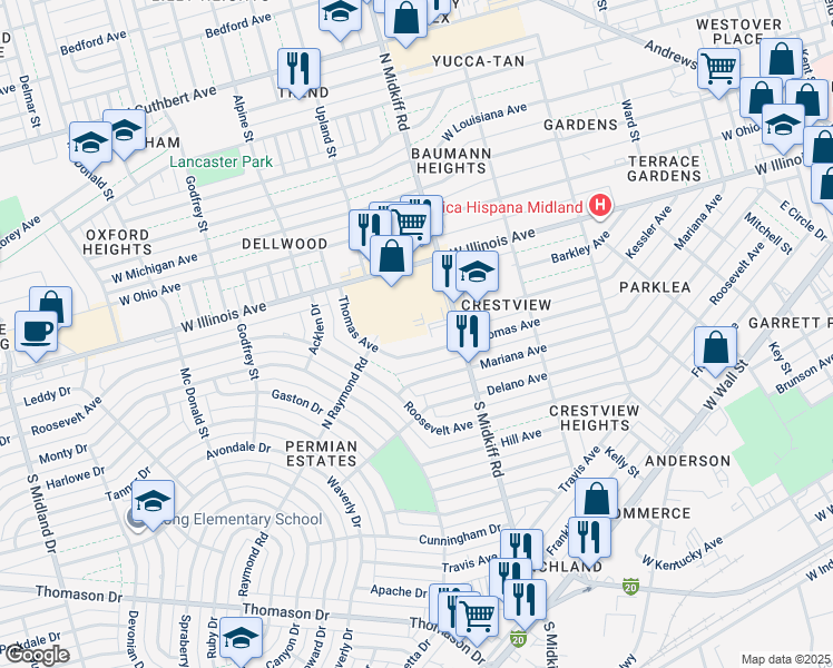 map of restaurants, bars, coffee shops, grocery stores, and more near 3300 Thomas Avenue in Midland