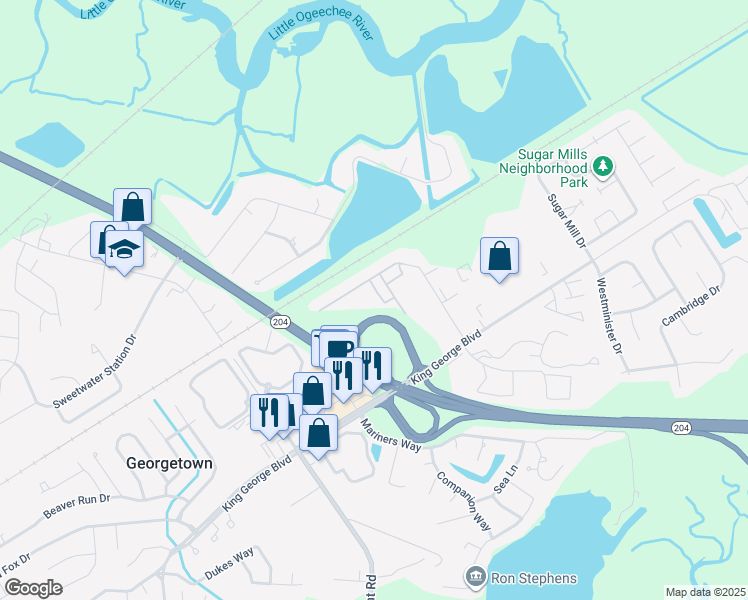 map of restaurants, bars, coffee shops, grocery stores, and more near 850 King George Boulevard in Savannah