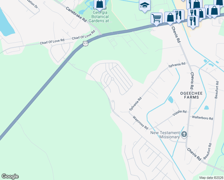 map of restaurants, bars, coffee shops, grocery stores, and more near 106 Rosa Lane in Savannah