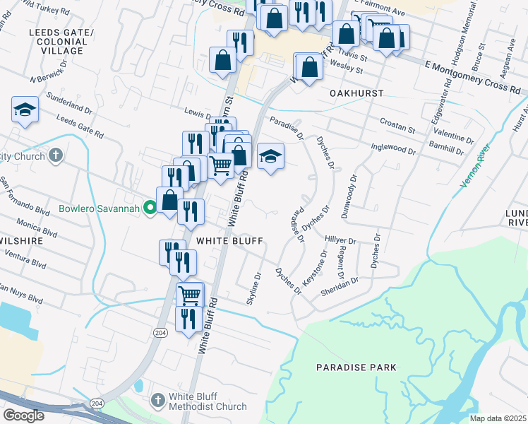 map of restaurants, bars, coffee shops, grocery stores, and more near 10014 White Bluff Road in Savannah