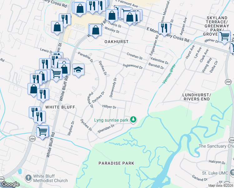 map of restaurants, bars, coffee shops, grocery stores, and more near 9502 Dunwoody Drive in Savannah