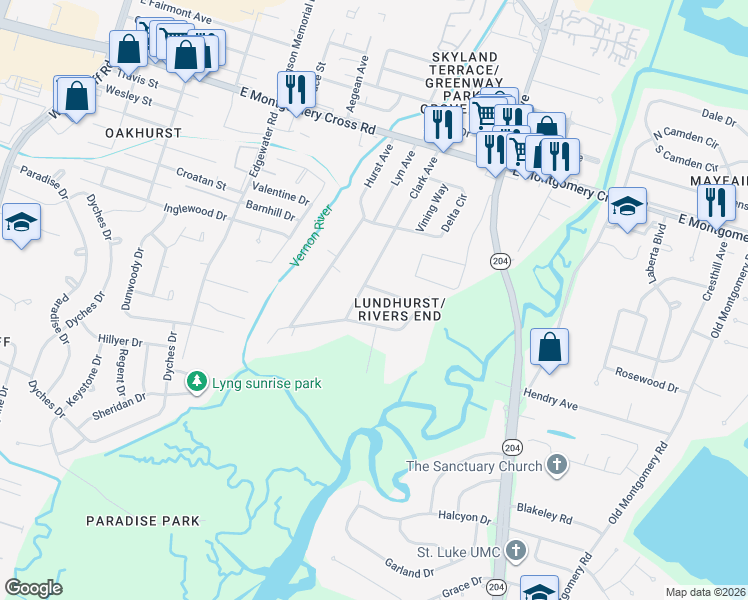 map of restaurants, bars, coffee shops, grocery stores, and more near 605 Hayners Avenue in Savannah
