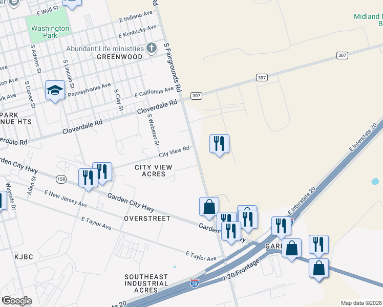 map of restaurants, bars, coffee shops, grocery stores, and more near 2406 City View Road in Midland