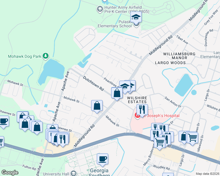 map of restaurants, bars, coffee shops, grocery stores, and more near 1 Peachtree Drive in Savannah