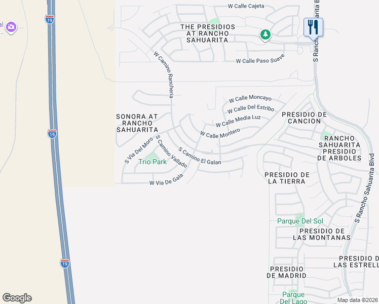 map of restaurants, bars, coffee shops, grocery stores, and more near 14378 South Camino El Galan in Sahuarita