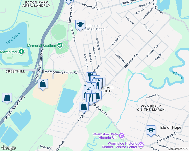 map of restaurants, bars, coffee shops, grocery stores, and more near 7309 Wisteria Street in Savannah