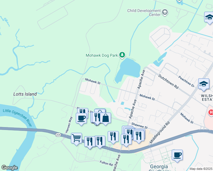 map of restaurants, bars, coffee shops, grocery stores, and more near 1157 Mohawk Street in Savannah