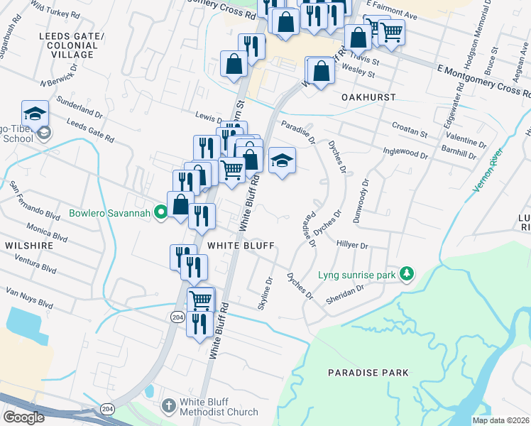 map of restaurants, bars, coffee shops, grocery stores, and more near 10014 White Bluff Road in Savannah