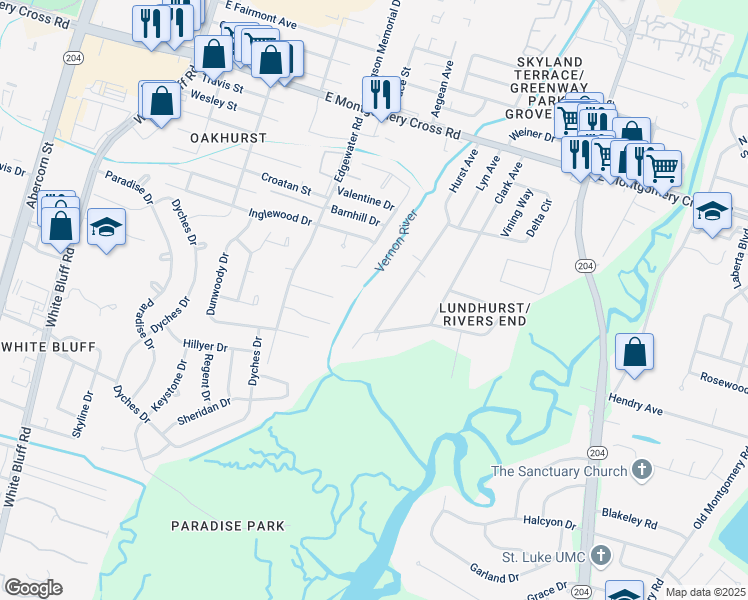 map of restaurants, bars, coffee shops, grocery stores, and more near 8726 Hurst Avenue in Savannah