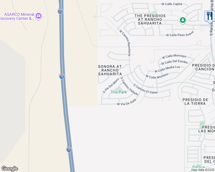 map of restaurants, bars, coffee shops, grocery stores, and more near 14362 South Via Del Moro in Sahuarita