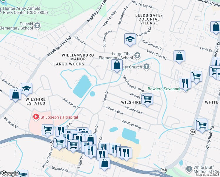 map of restaurants, bars, coffee shops, grocery stores, and more near 132 Burbank Boulevard in Savannah
